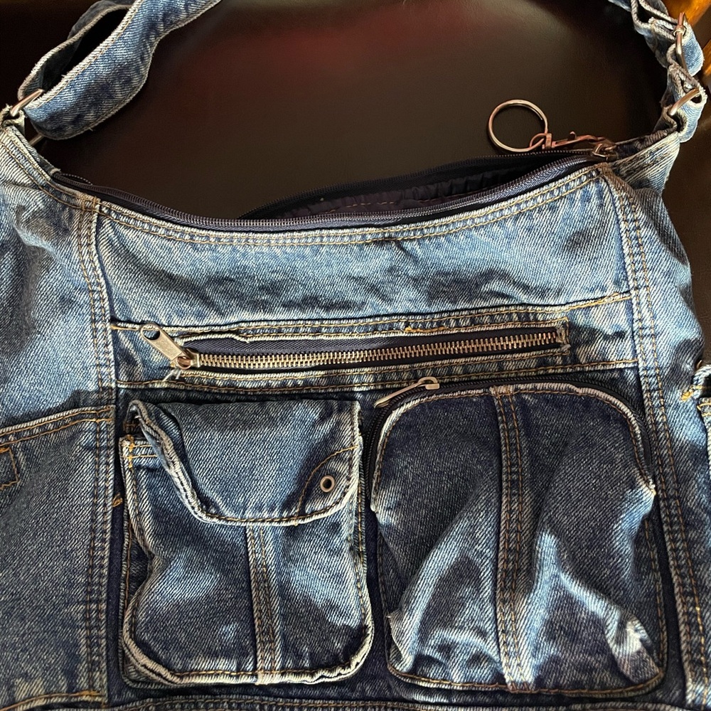 Denim Shoulder Bag with Multiple Pockets